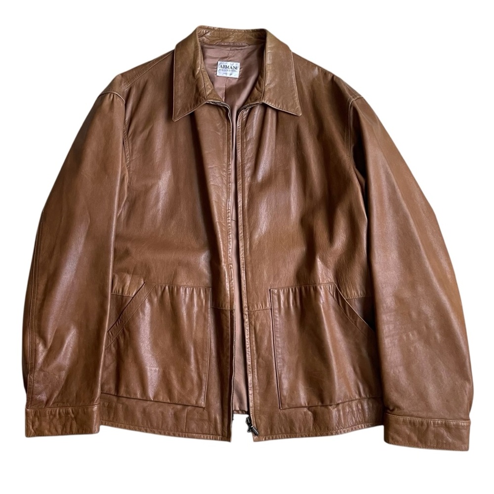 Armani Collezioni Calfskin Leather Jacket Tan Sz 48 Italy